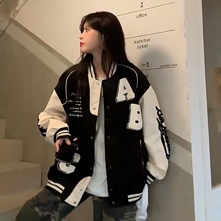 Vintage Bomber Jacket Women Harajuku Fashion College Uniform Varsity Baseball Jackets Female Oversized Streetwear Y2k