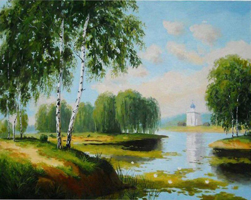 Diamond Painting Running Water Countryside Landscape Spring 5D Diamond Embroidery Cross Stitch Dog Animal Pictures of Rhinestones Mosaic Sale Wall Art