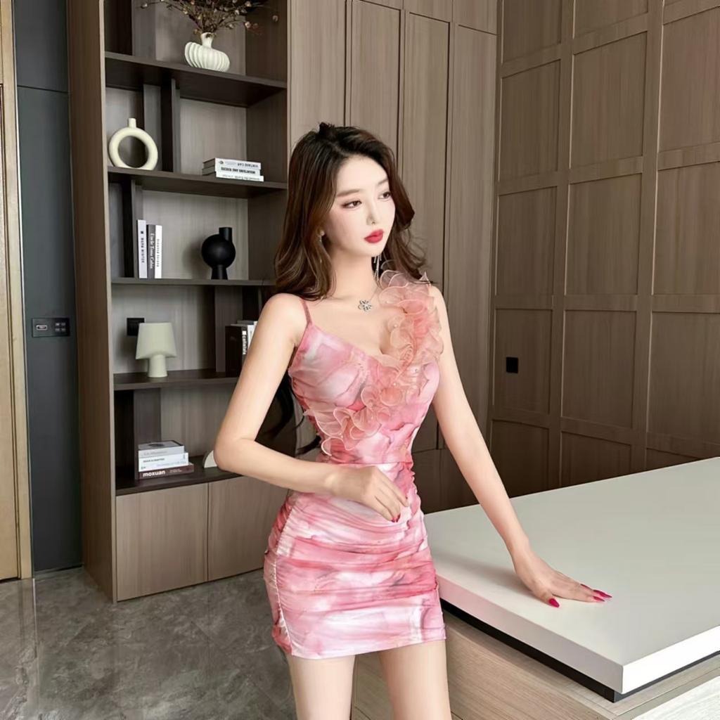 Pure desire summer clothes new sexy mesh printing lotus leaf edge low-cut V-neck off-the-shoulder tight hip-wrapped dress