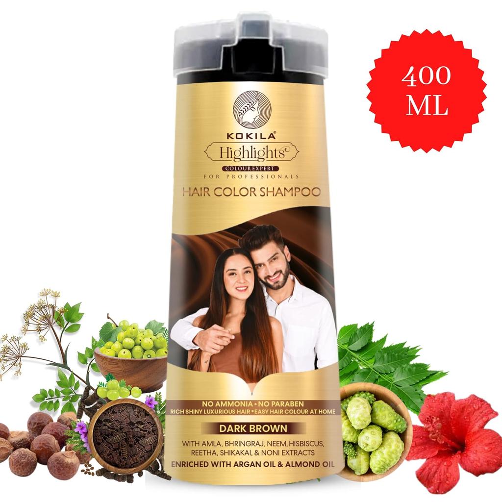 Kokila Haarfarben-Shampoo für Männer & Frauen | Ohne Ammoniak - Ohne Parabene | 10 Paar kostenlose Handschuhe, Dunkelbraun 200 ml