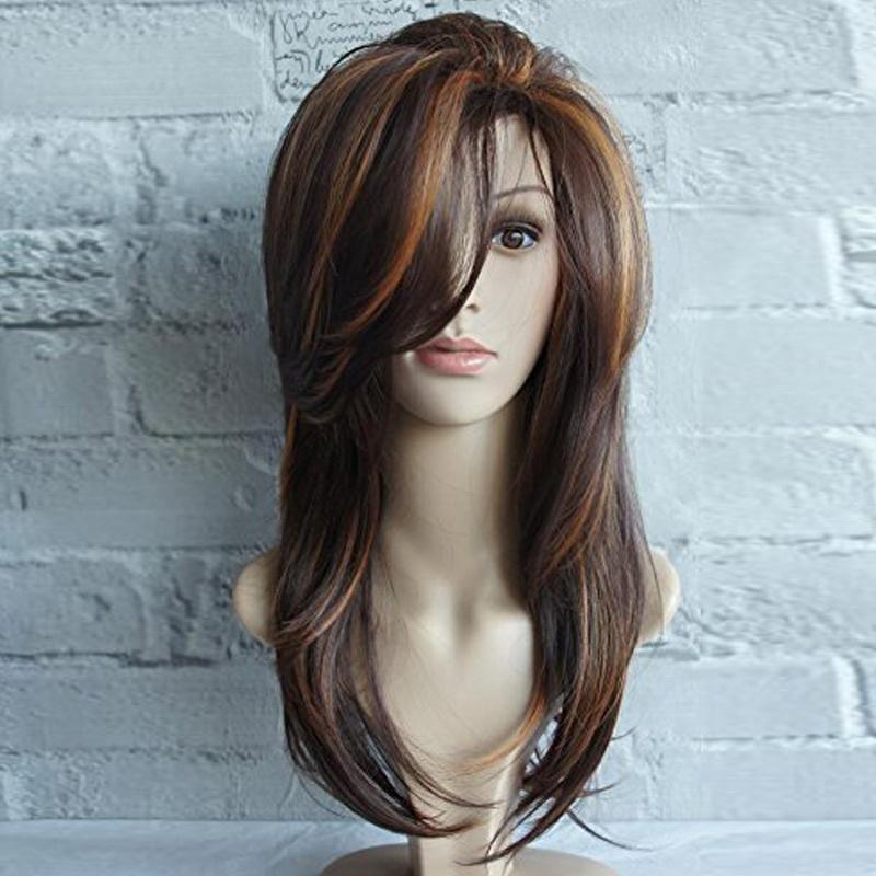 Parrucca Lunga Ondulata Riccia Completa da Donna Capelli Castani Parrucca per Cosplay