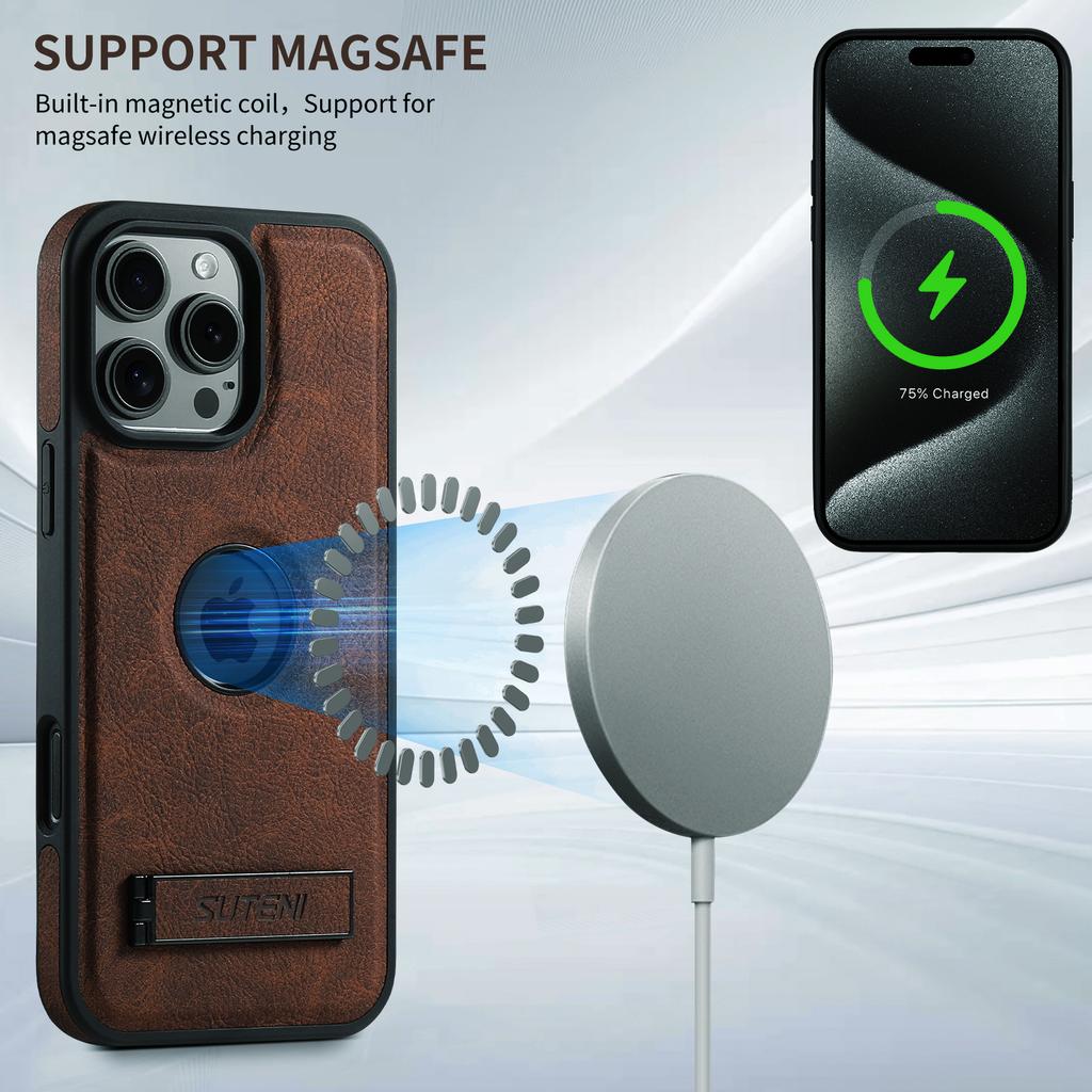 SUTENI G2 dla iPhone 16 Pro Magnetyczne Etui Podstawka Tekstura liczi Skóra+TPU Pokrowiec