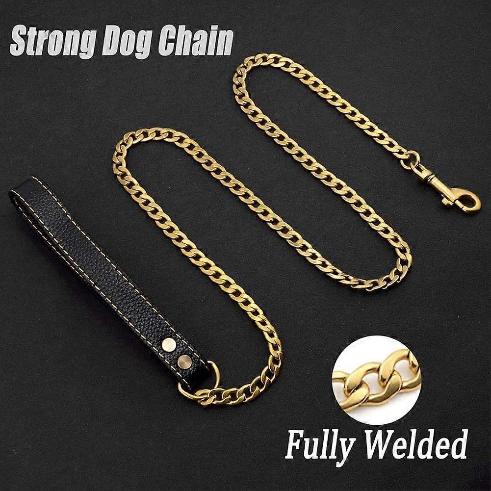 4ft Metal Dog Lead with Leather Handle - Fully Welded Gold Dog Leash