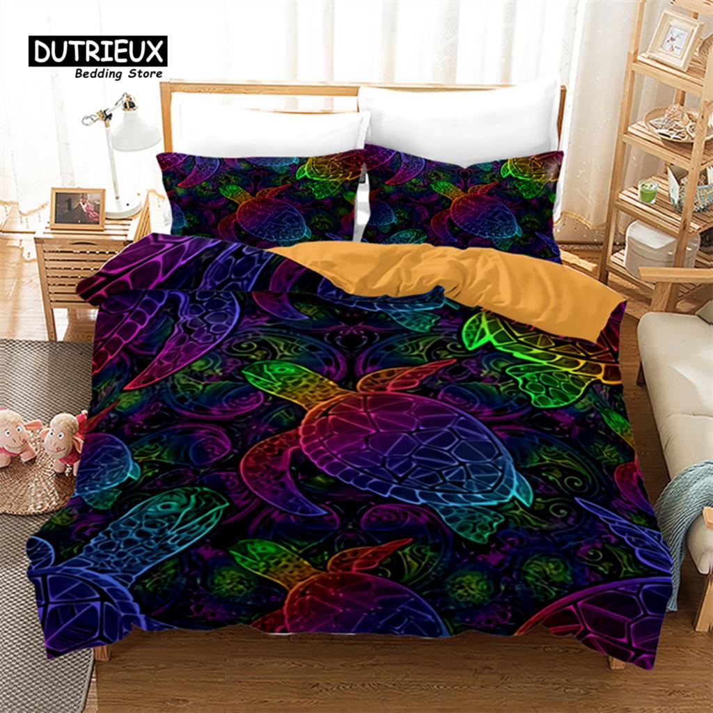 Exotic Turtle Duvet Cover Full King Microfiber Kawaii Sea Animal Comforter Cover Bohemia Tattoo Style Ocean Theme Bedding Set