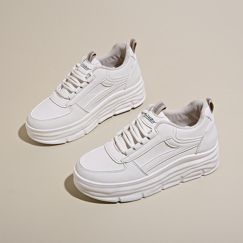 Women's W3612 White Leather Thick-Soled Casual Shoes, 2024 Autumn Collection