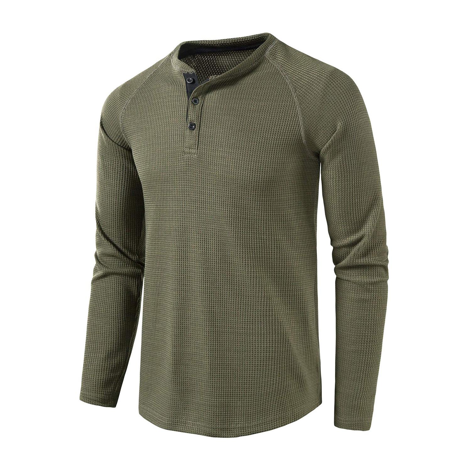 

Men’s Waffle Henley Shirts Round Neck Long Sleeves T-Shirt Solid Color Casual Wear Autumn Winter Comfy Shirt XXL армія зелений колір