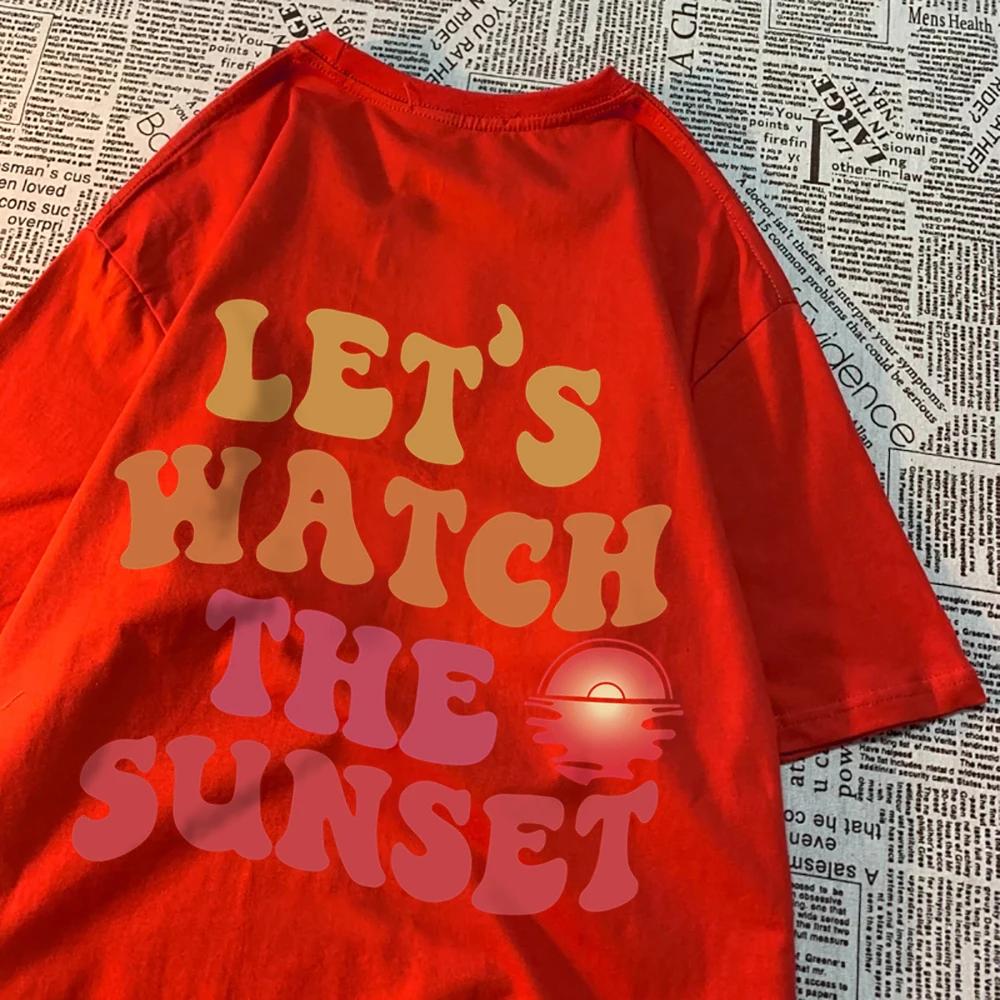 

Давайте посмотрим на закат с принтом, одежда для мужчин и женщин, летняя футболка Harajuku, хлопковая футболка с рисунком, модные дышащие топы для пар XXXXXL слоновая кость