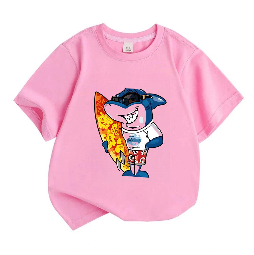 Kids Boys Girls 100% Cotton Crew Neck Short Sleeve T-Shirt, Cool Surfing Shark Cartoon Printed Casual Soft Breathable Summer Top for Children Daily We