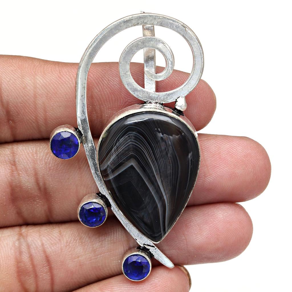 Gray Botswana Agate Tanzite  Mother's Day Silver Jewelry Pendant  2.25"