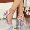 Women 11CM Square Toe Transparent Crystal Non Slip Linen Heels Sexy Car Model Nightclub Summer Sandals Footwear LFD-198711-Q7