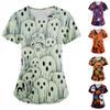 Women Fashion Halloween Printing Short Sleeve V-Neck Tops Working Uniform Pocket Blouse