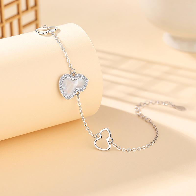 Tichya S925 Sterling Silver Mother-of-Pearl Gourd Bracelet for Women - Luxurious Shell Fu Lu Ornament 925 Silver