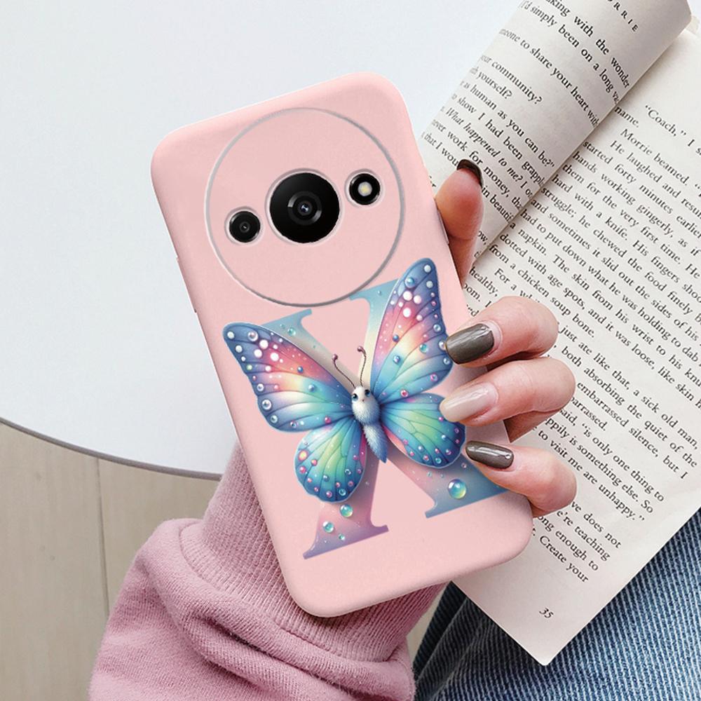 Handyhülle für Xiaomi Redmi A3 4G A3x Rosa Buchstabe Blume Schmetterling Stoßfest Weiches Silikon Cover Kameraschutz TPU Fundas