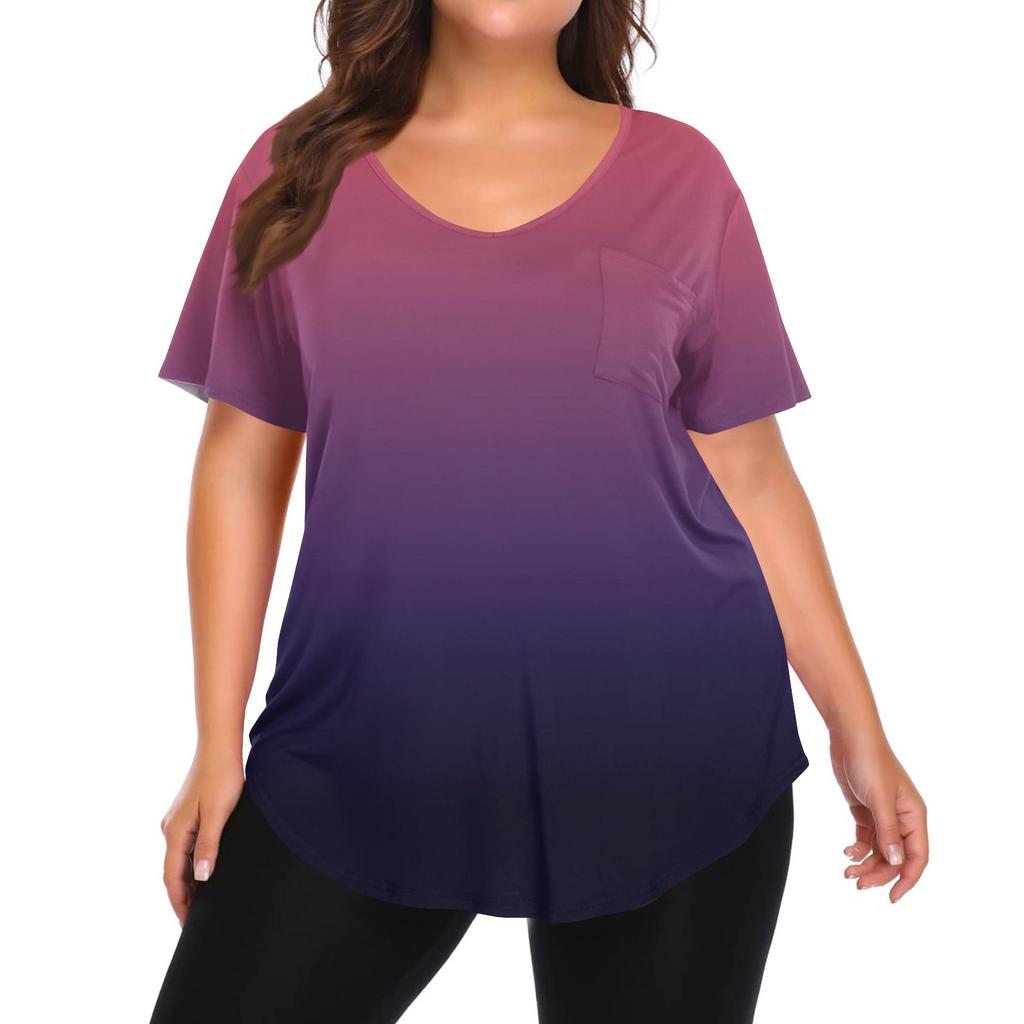 Women's Printing Large Size V-neck Top Loose Pocket T-shirt