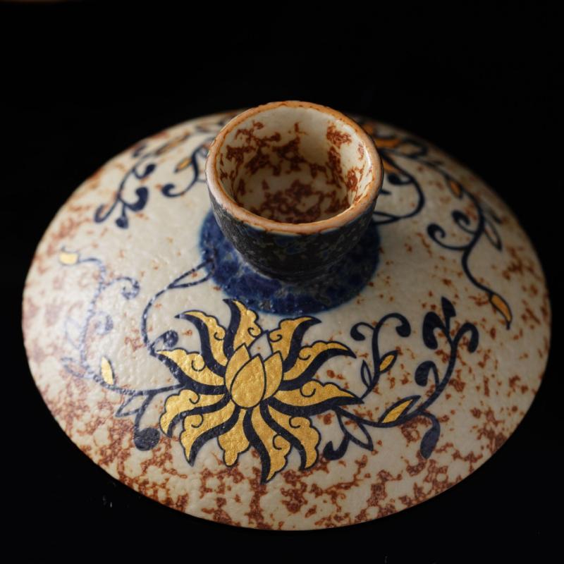 Blue and White Flint Red Lidded Tea Bowl, Ceramic Home/Office Tea Set, Personal Tea Drinking Gongfu Teaware with Hovering Lid.