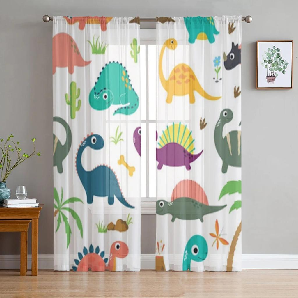 Animal Green Dinosaur Plant Tulle Sheer Window Curtains for Living Room Kitchen Children Bedroom Voile Hanging Curtain