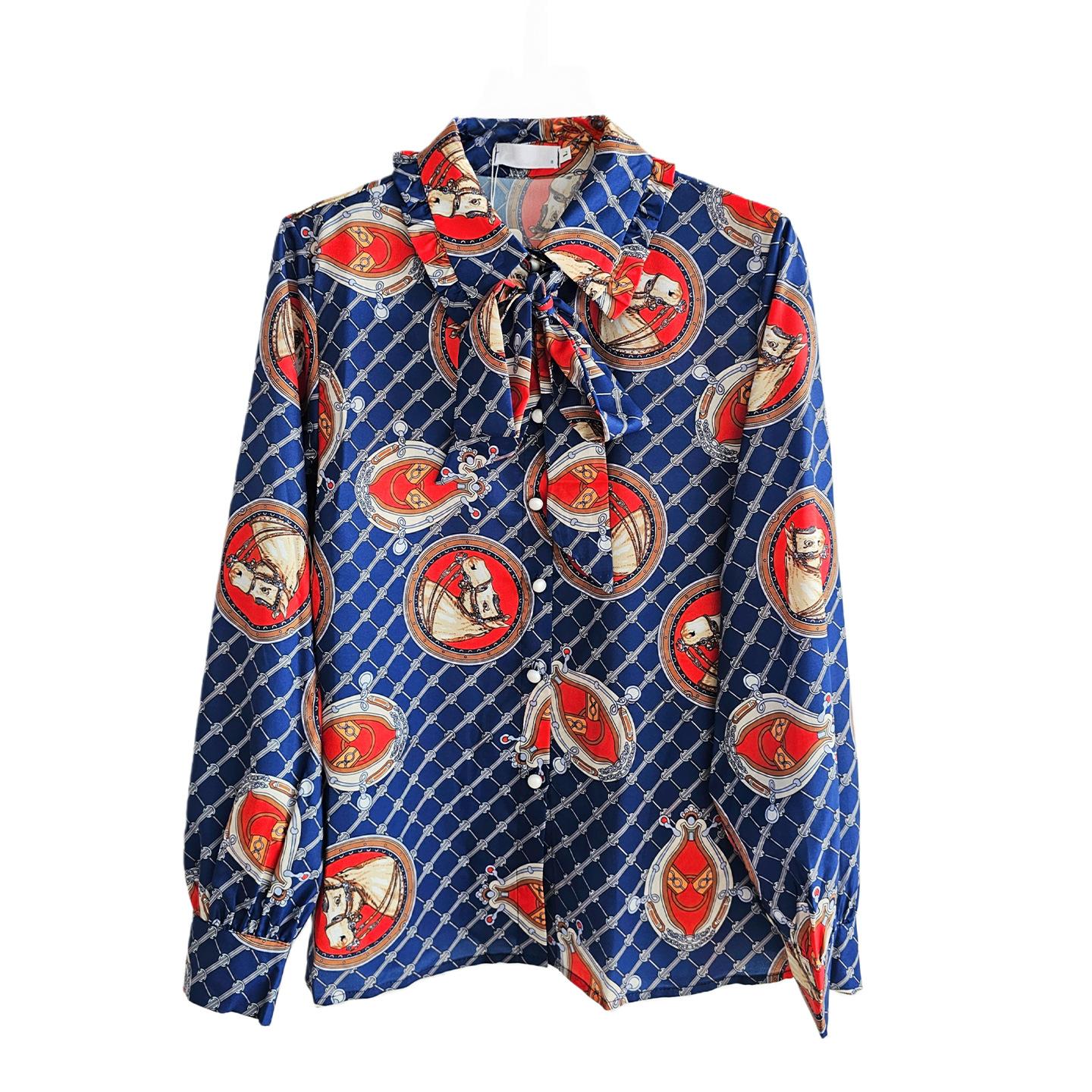 European and American style old money 2026 early spring horse head positioning printed shirt women s long-sleeved tie bow tie long-sleeved silky shirt S
