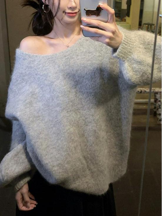 Šedý úpletový svetr s mašlí v korejském stylu: Módní, Zeštíhlující, Streetový styl pro podzimní ženy
