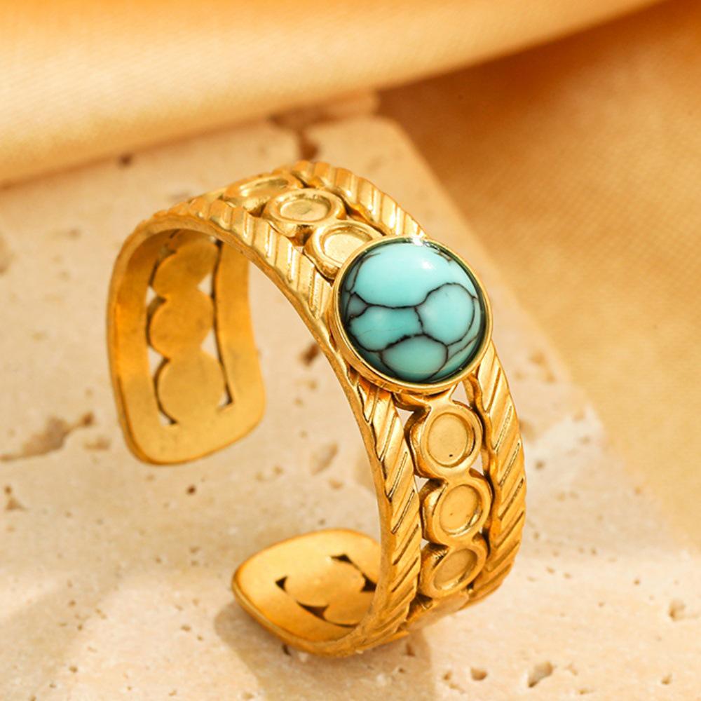 Bohemian Style Adjustable Titanium Ring - Turquoise, Stainless Steel, Non-fading