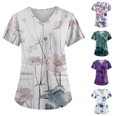 Women's V-neck Fashion Printed Pattern Short Sleeve Top With Pocket Short Sleeve Caregiver Top