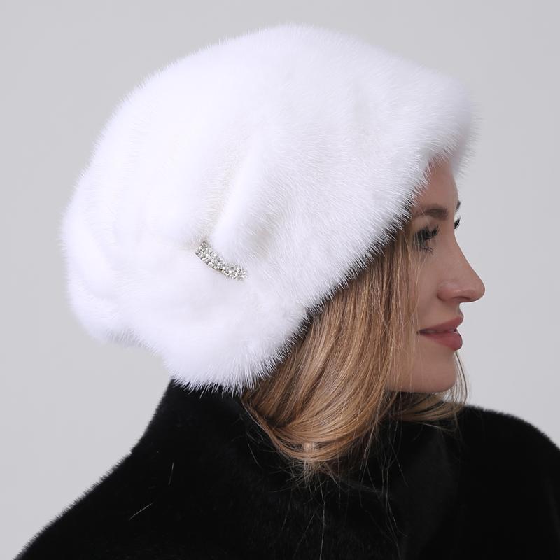 Women's Winter White Snow Hat Luxury Natural Mink Fur Christmas Hat, Warm Soft Fluffy Trapper Cap for Outdoor Cold Weather