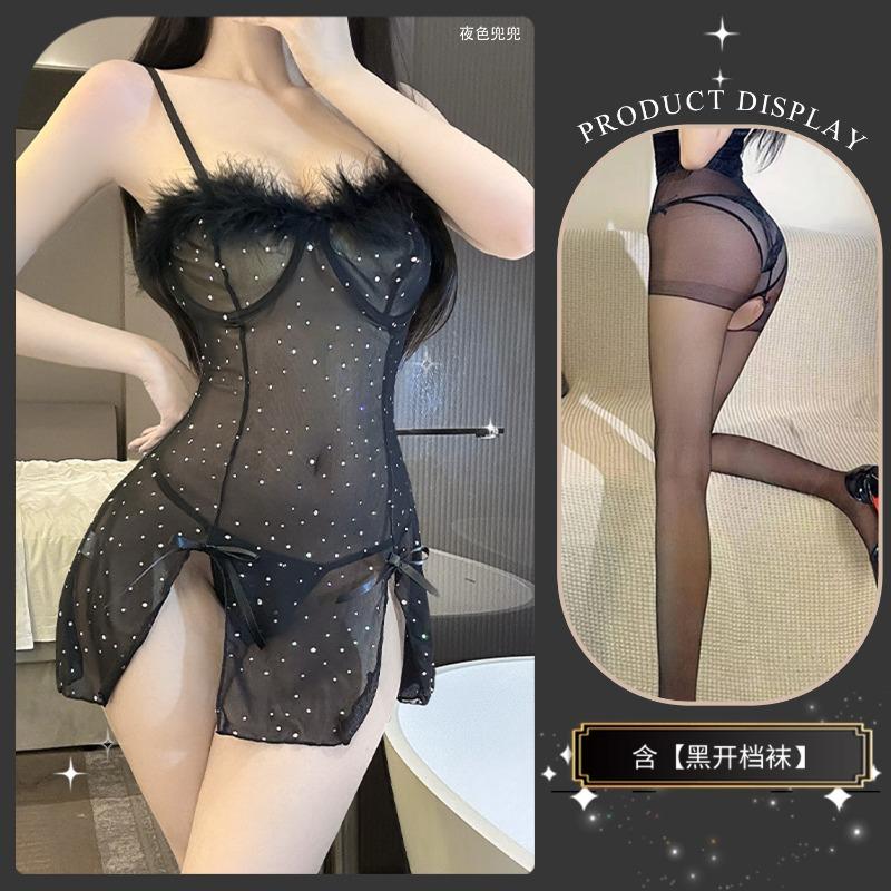 New sex underwear, sexy rough edge flash diamond split skirt, perspective suspender skirt, pure desire temptation nightdress