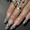 24Pcs Long Press On Nails With Glitter Diamond Pearl Bowknot And Crown Design Artificial Acrylic Fake Nail Tips