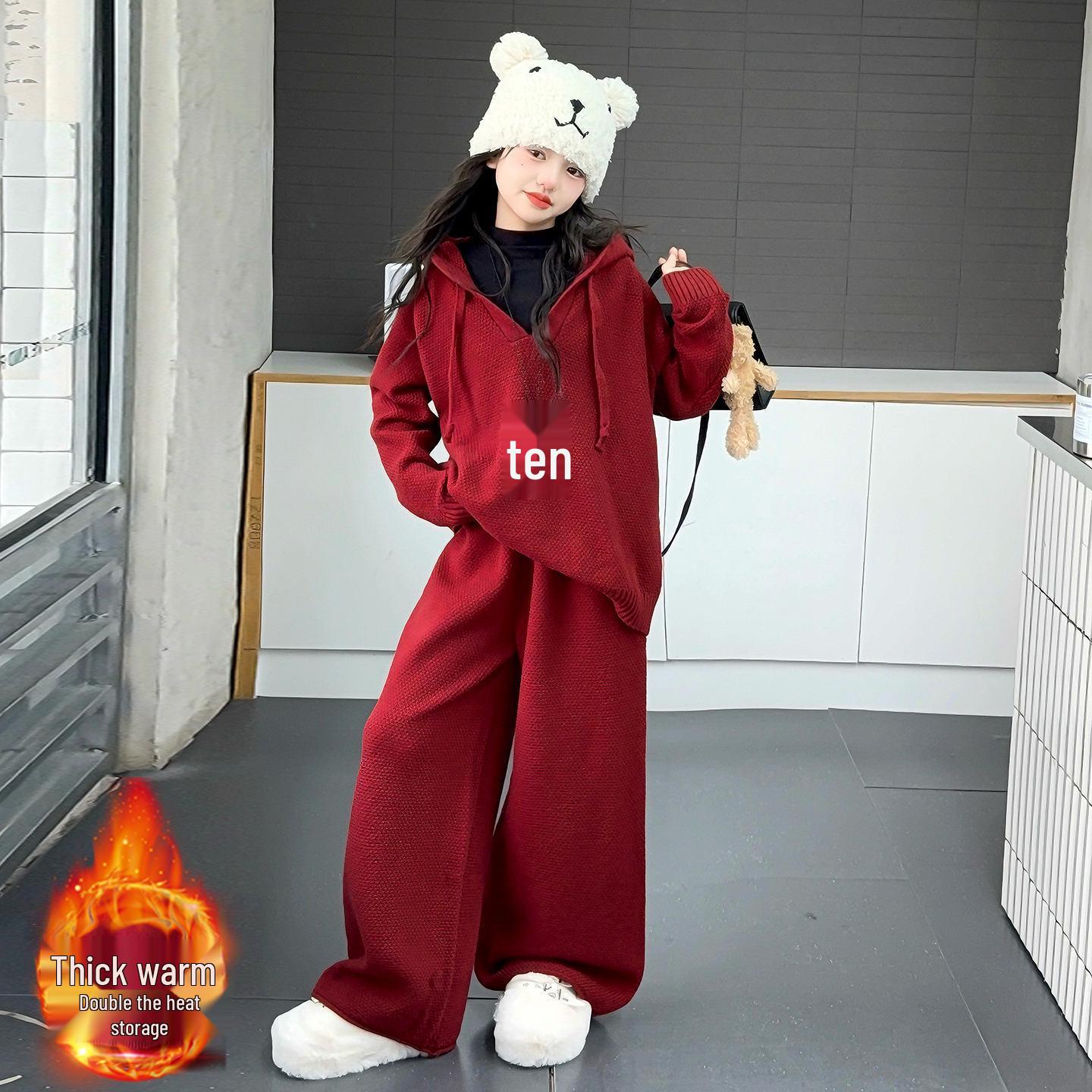 

Girls 2025 Red Hooded Sweater & Wide-Leg Pants Set - Spring/Autumn Collection 160 cm красный