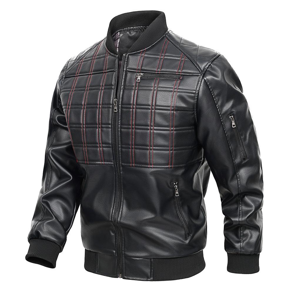 PU leather jacket autumn and winter men's jacket stand-up collar plaid retro locomotive clothing street jacket