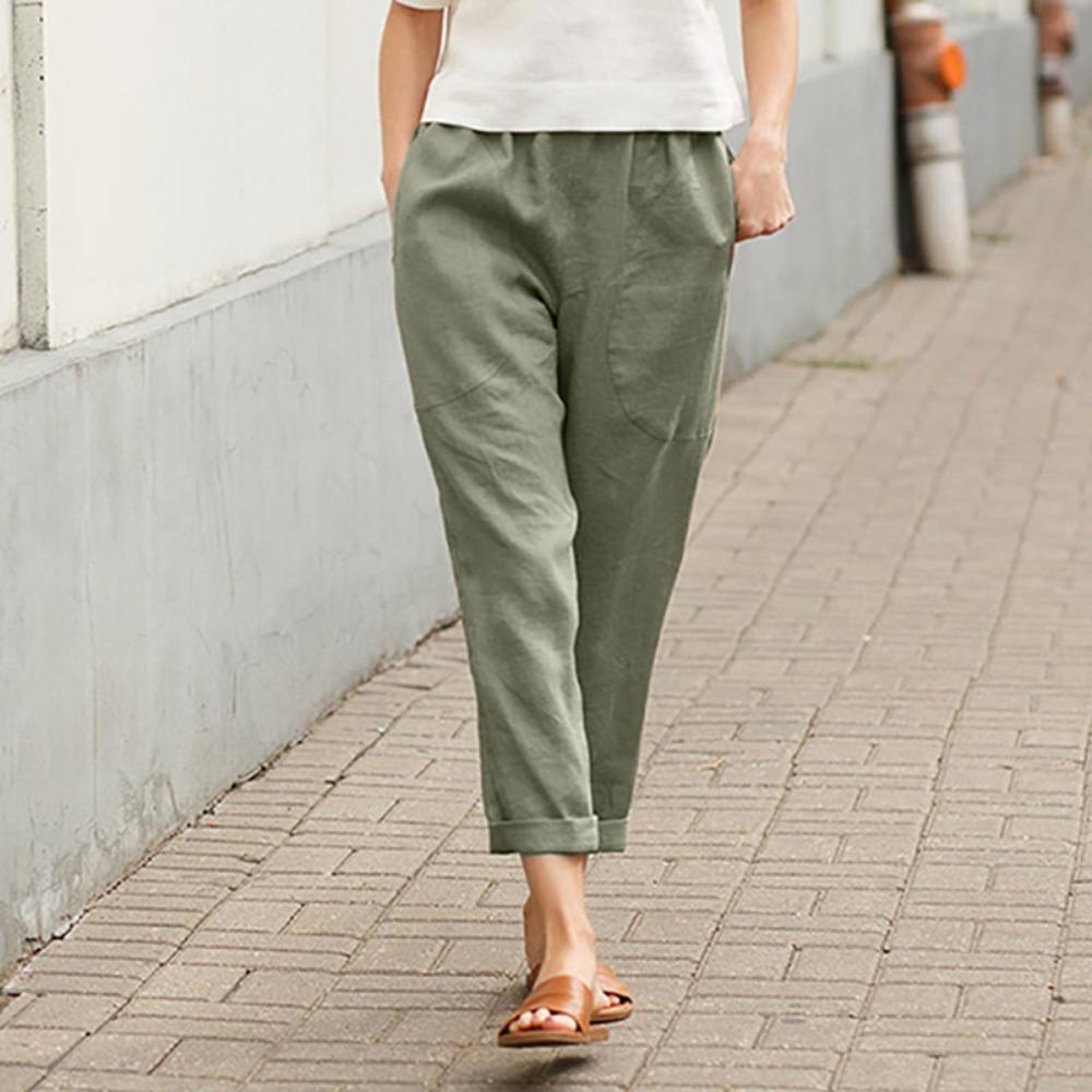 Women's Elastic Waist Straight Leg Linen Cotton Casual Pants Loose Fit Pocket Trousers