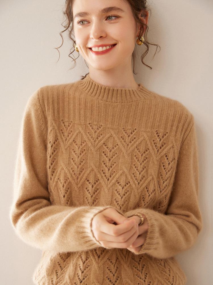 Women's 2025 Autumn/Winter Cashmere Sweater: Half-High Collar, Thick Knitwear, Hollow-Out Design