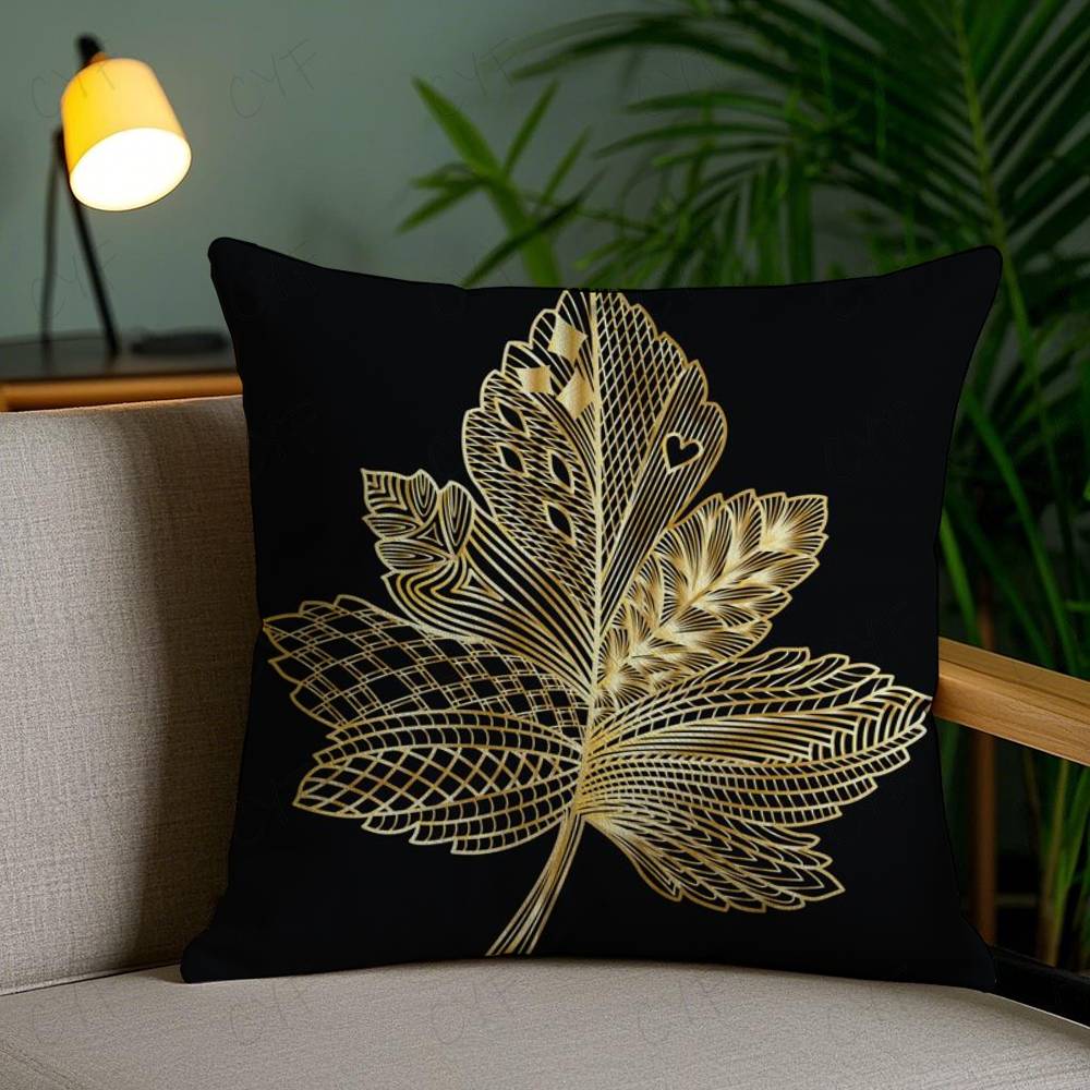 Kissenbezug mit goldenem Blatt- und Zweigmuster Milbendichter Kissenbezug Unsichtbarer Reißverschluss Seidiger Kurzplüsch Sofakissenbezug