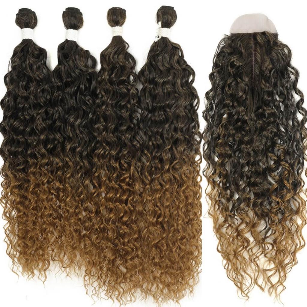 Synthetic Kinky Curly Deep Wave Hair Bundles 4PCS With Lace Closure 22-24 Inch 260g High Temperature Fiber Hair Extensions Weave