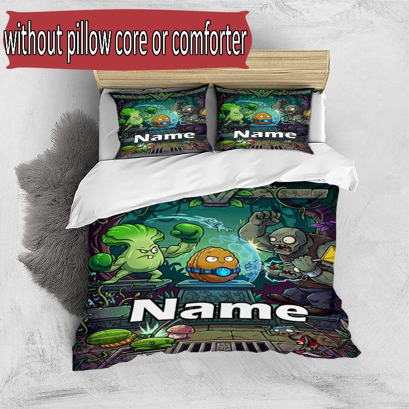 3pcs Duvet Cover Set (1*Duvet Cover + 2*Pillowcase, Without Core), Custom Name Plants VS Zombies Pattern Bedding Set, Home Bedroom Decor Gift