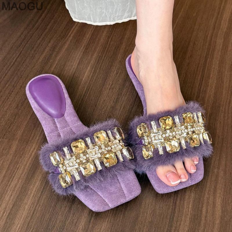French Rhinestone Buckle Plush Slippers Women's 2026 Spring Autumn New Square Toe Open Toe Slides Sandals for Women Fashion