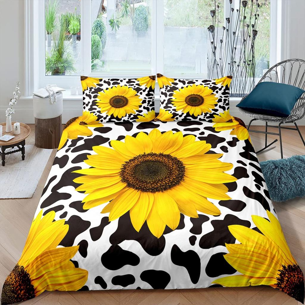 Yelow Flower Soft with Soft Fabric Duvet Cover Set Sunflower Bedclothes Sunflower Fields With Sunset Printed Botanical Flowers Beding Set