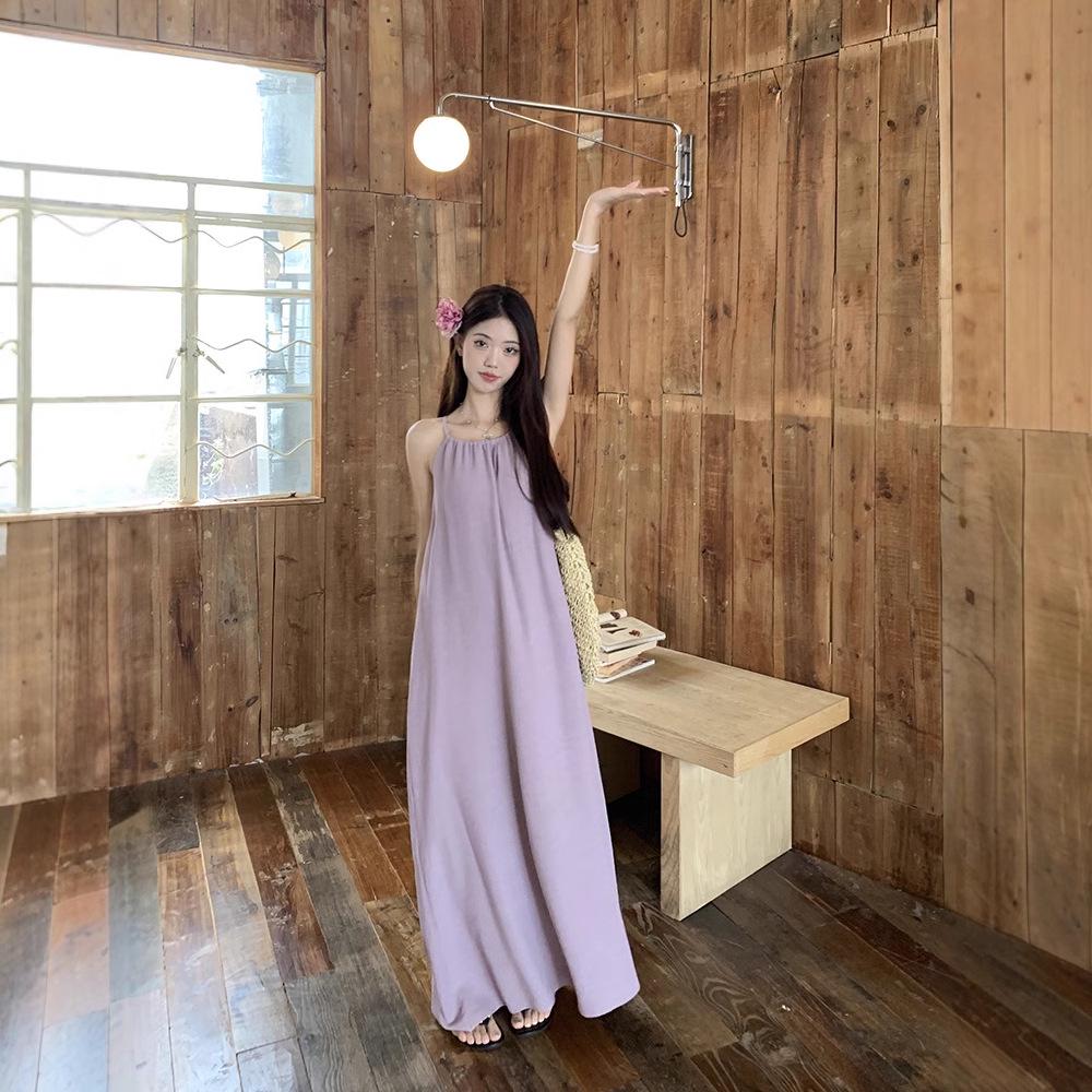 Petite French Purple Sling Dress for Women - 2025 Summer Loose Fit, Slimming, Temperament Style for Seaside Vacation.