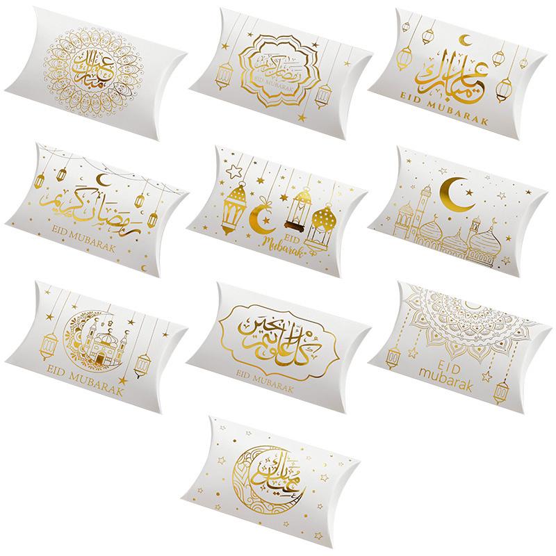 10pcs Eid Mubarak Pillow Shape Candy Box Kraft Paper Gift Packaging Boxes Bag Ramadan Muslim Islam Party Decor Supplies 2025 New