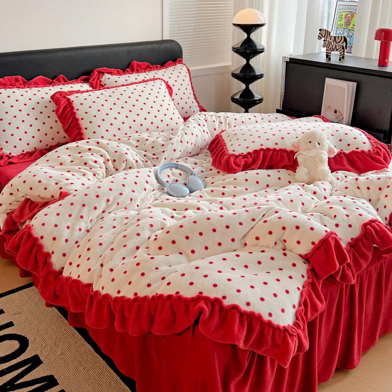 Xiaohongshu Popular Thickened Milk Fleece Bed Cover Bed Skirt Four-Piece Set Farai Fleece Warm Quilt Cover Bed Hat