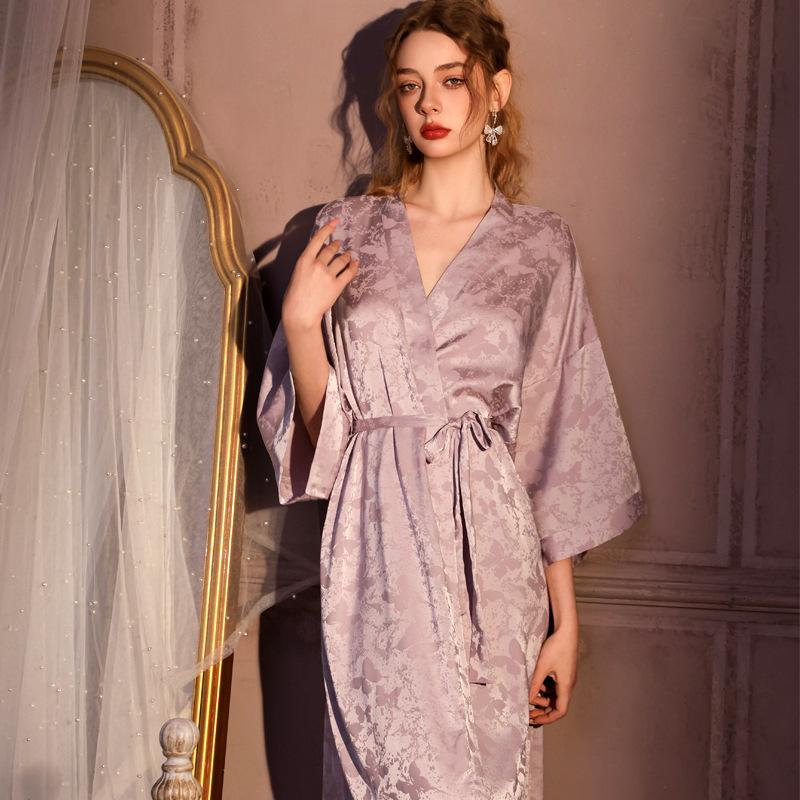 nightgown women's summer ice silk thin satin jacquard long retro sexy high-end spring and autumn bathrobe robe
