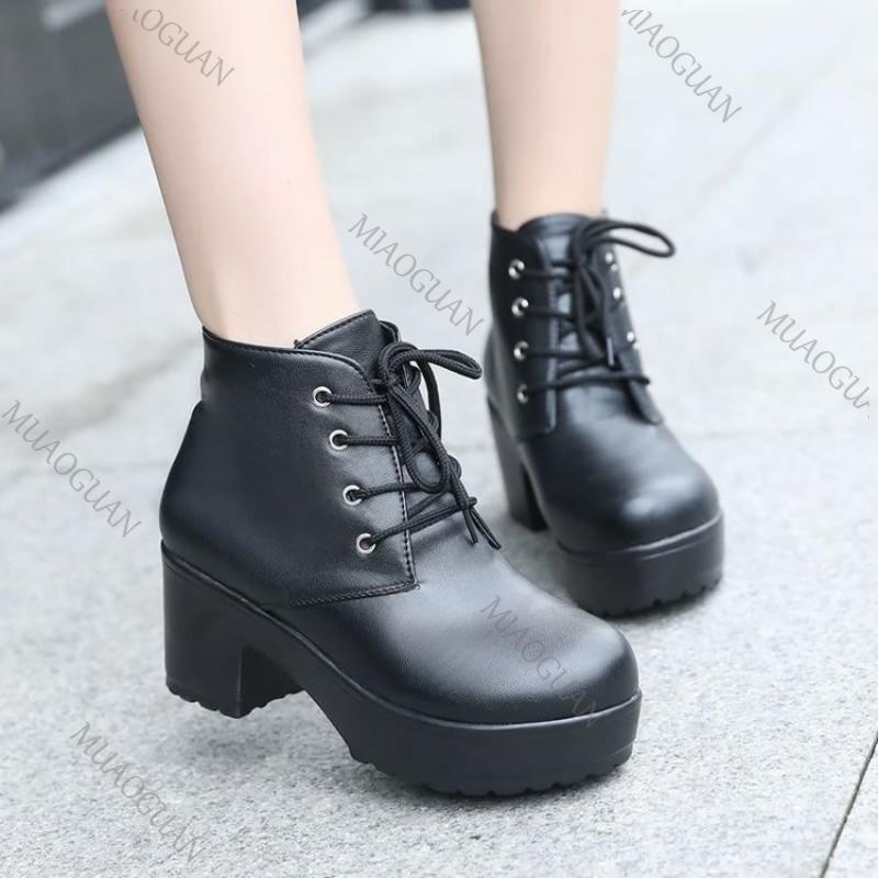 Fashion Women's Single Boots New Lace Up Horse Boots Square Heel Round Toe High Heeled Shoes Ladies Footwears Plus Size 35-45