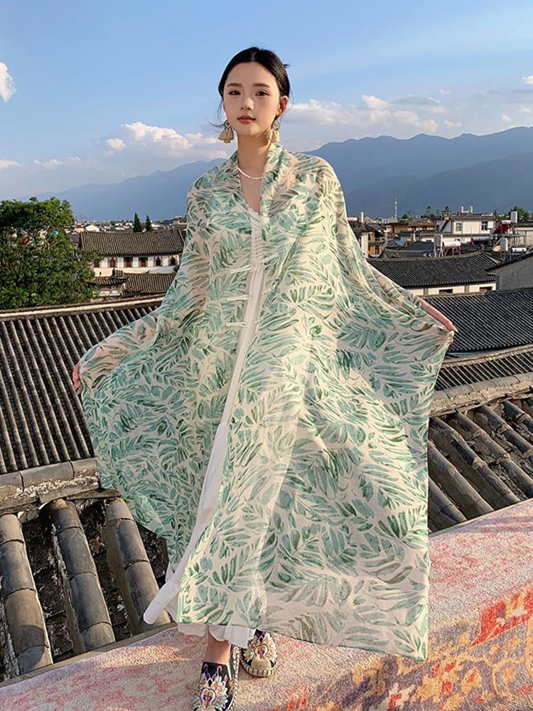 New Chinese Style Elegant Beach Women Silk Scarf Vacation Wrap Shawl Print Lady Sunscreen Bandana Long Hijab Scarve Pareo Mujer