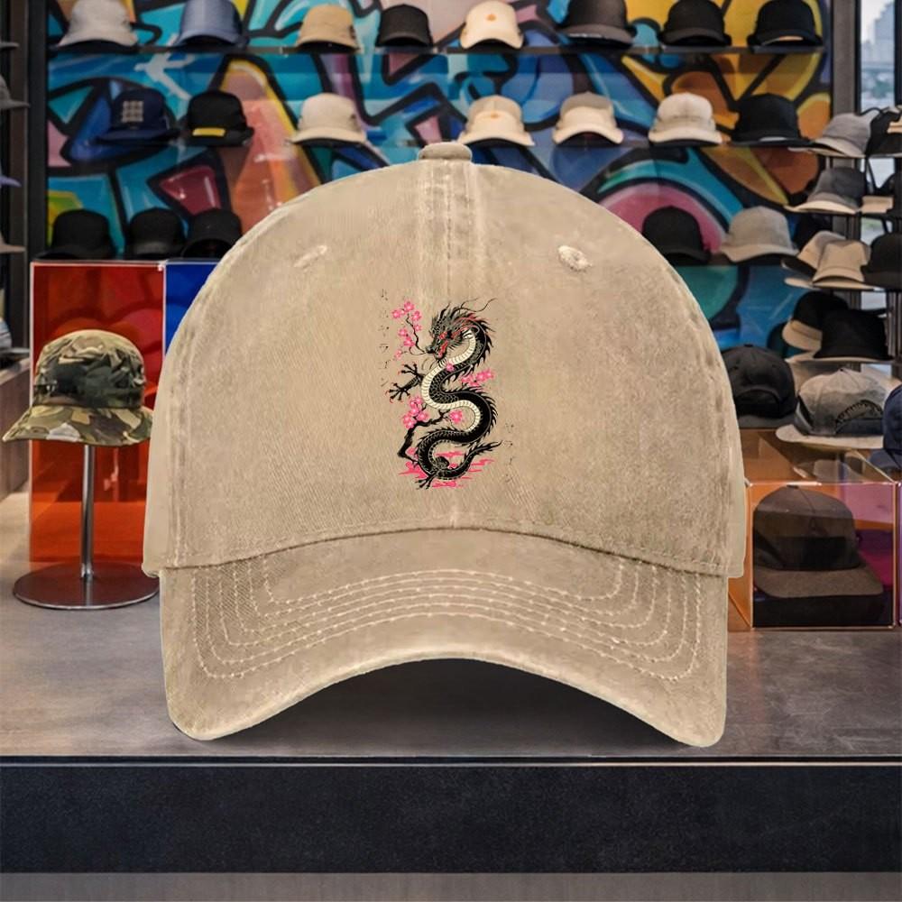 Dragon Cherry Blossom Baseball Cap Washed Denim Adjustable Casual Curved Brim Hat Unisex Street Style
