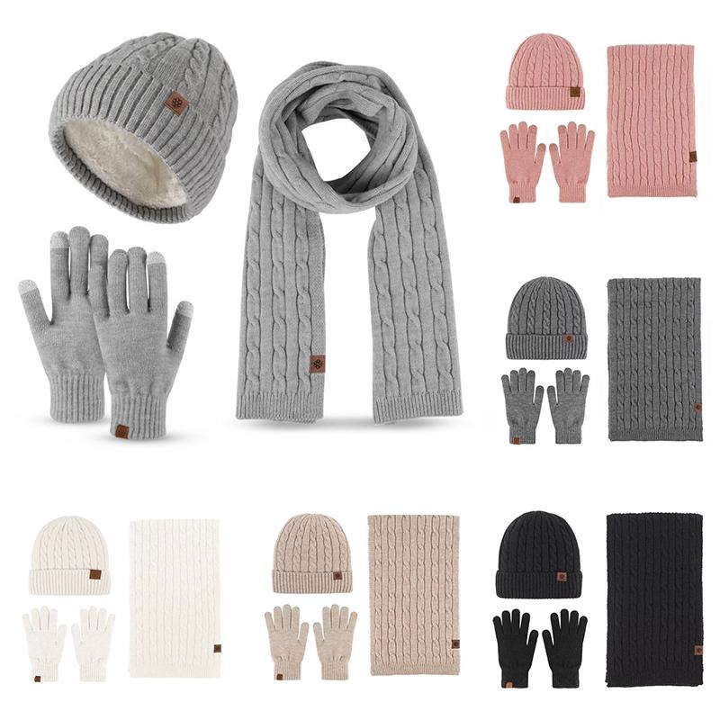 Womens Ladies Thick Knit Hat Scarf AND Touchscreen Gloves Set Knitted Winter
