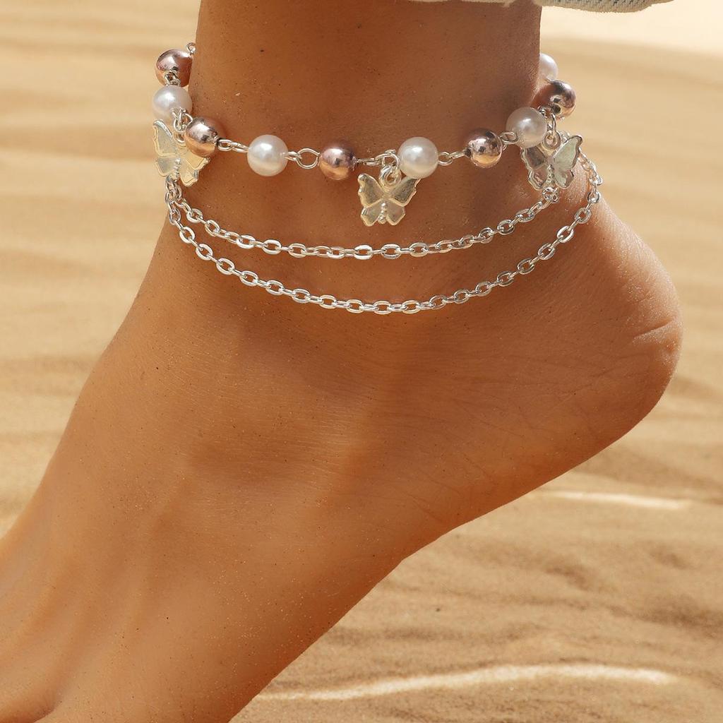 European & American Retro Letter Butterfly Pendant Multi-Layer Beach Anklet Set