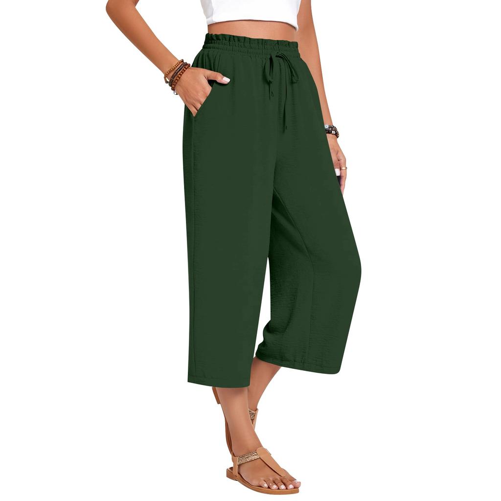 Women's Square Pocket Elastic Waist Cropped Pants Casual Cotton And Linen Pants