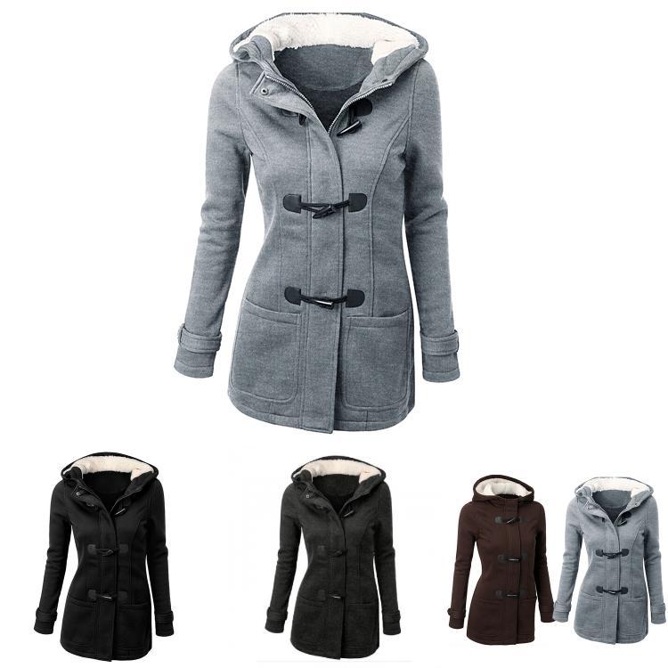 Damen Kapuzenjacke aus Baumwoll-Polyester-Mischung mit Reißverschluss und Hornknöpfen Figurbetonter Schnitt Schicke Pendler-Außenbekleidung