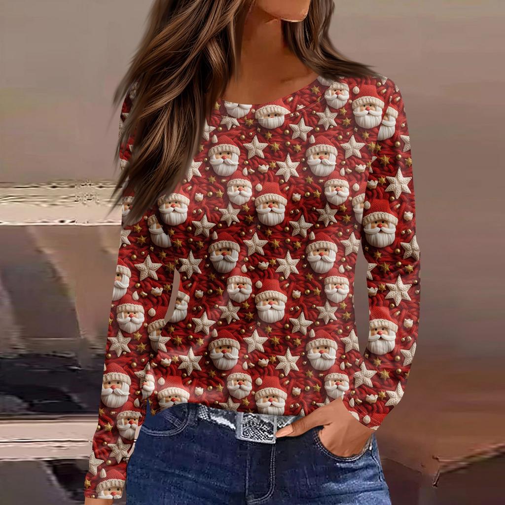 Women's Fashion Casual Slit Hem Round Neck Long Sleeve Loose  Printed T-Shirt Ladies Top