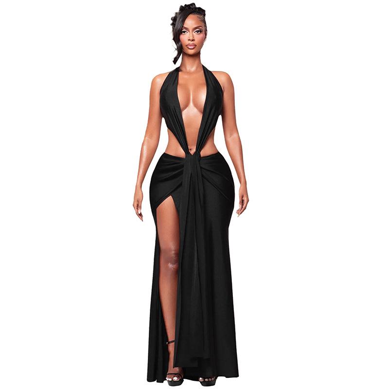 European & American Women's Spring Halter Sleeveless Deep V Backless Ribbon Long Dress