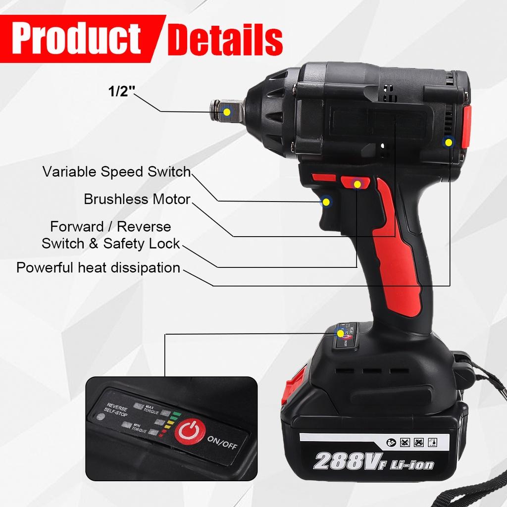 AC 110-240V 520NM 1/2 Inches Max, Brushless Impact Wrench 288VF Li-ion Electric Wrench with 2 Batteries for Battery